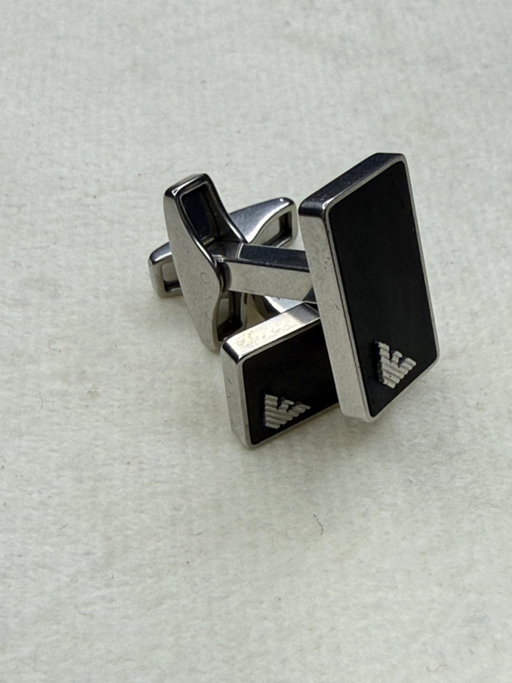 Emporio Armani Black and Silver Rectangular Logo Cufflinks